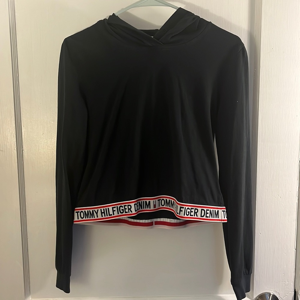 Tommy Hilfiger, size XS, black hoodie shirt that is somewhat cropped.